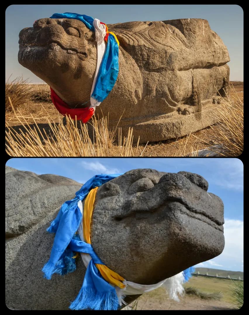 The Stone Turtle of Karakorum, Mongolia, c.1235-1260 CE: this statue is one of the few surviving features from the city of Karakorum, which was once the capital of the Mongol Empire; ceremonial scarve