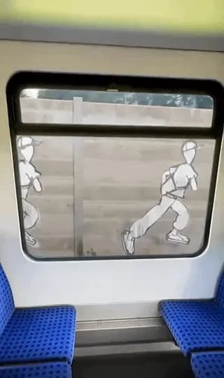Static images on a wall that appear animated as Train moves.