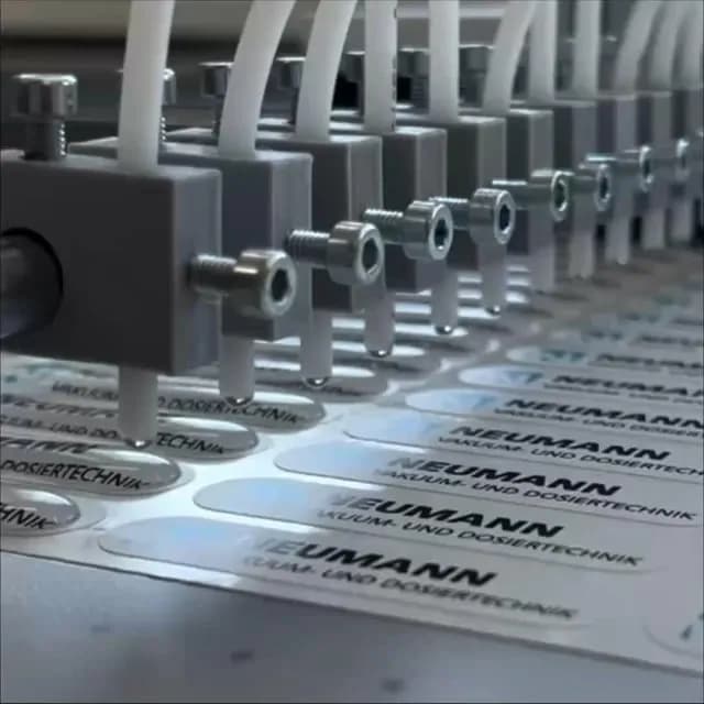 Machine pouring clear resin over printed labels to make domed stickers
