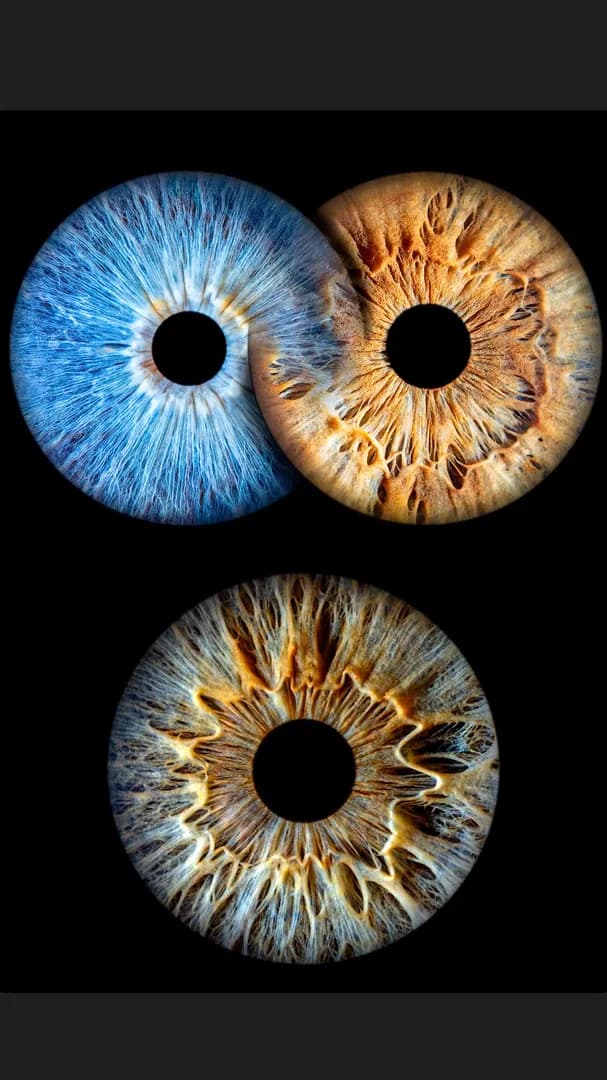 Macrophoto of my parents’ eyes and mine below. Mine is basically an even, mosaic-like mix of theirs. Genetics are cool.