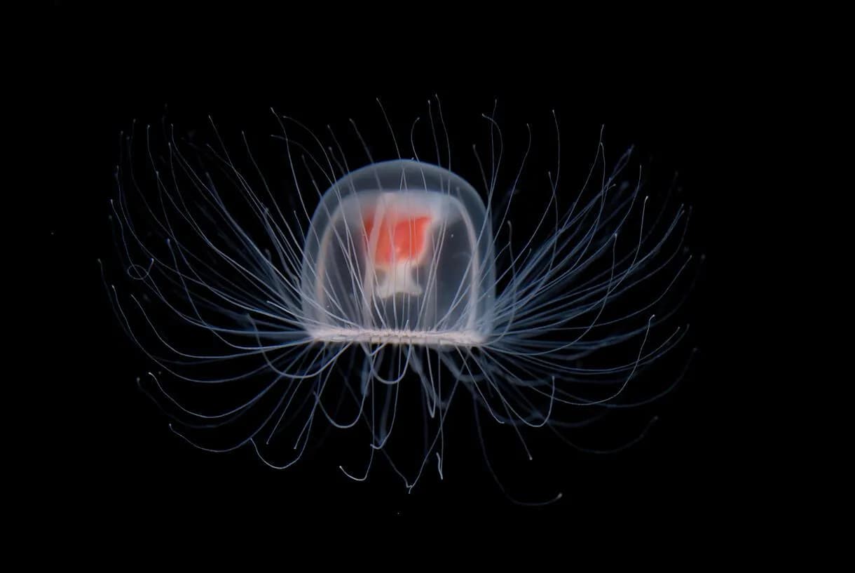 Immortal jellyfish (Turritopsis dohrnii) is a tiny, bell-shaped marine creature famous for its ability to reverse its life cycle. When stressed, injured, or starving, it transforms its adult cells bac
