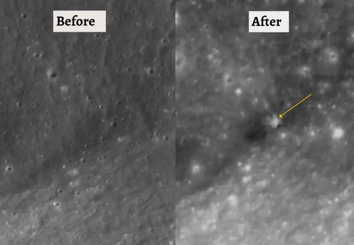 Before and after pic of a SpaceX rocket crashing into the moon