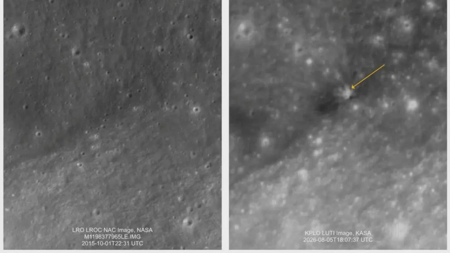 A better photo of the before and after picture of the SpaceX upper stage hitting the moon that shows the time and date of the photo
