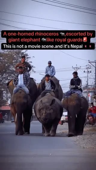 One-horned rhino getting escorted back to it's habitat after wandering off to a nearby village in Chitwan, Nepal