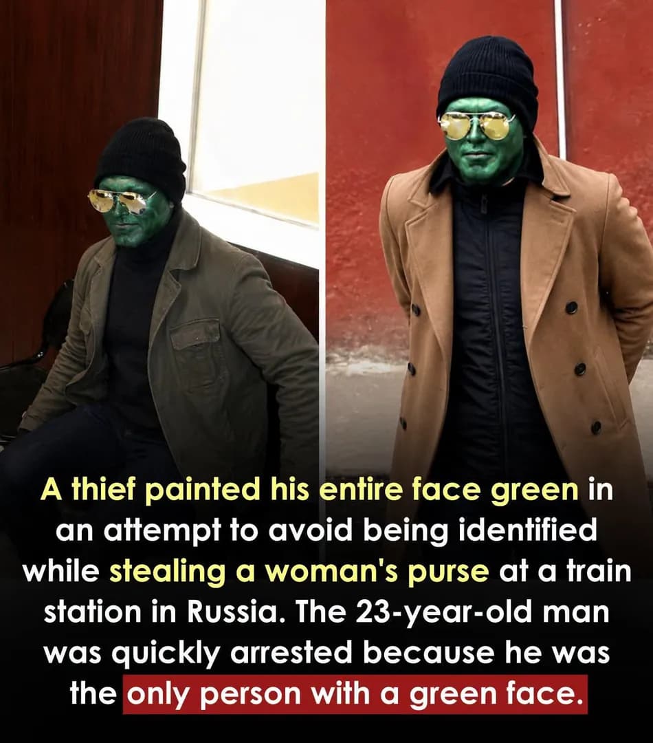 A man in Moscow painted his face bright green to avoid being recognized while stealing a handbag. Instead, he became the easiest person in the crowd for police to recognize. Criminal mastermind, appar