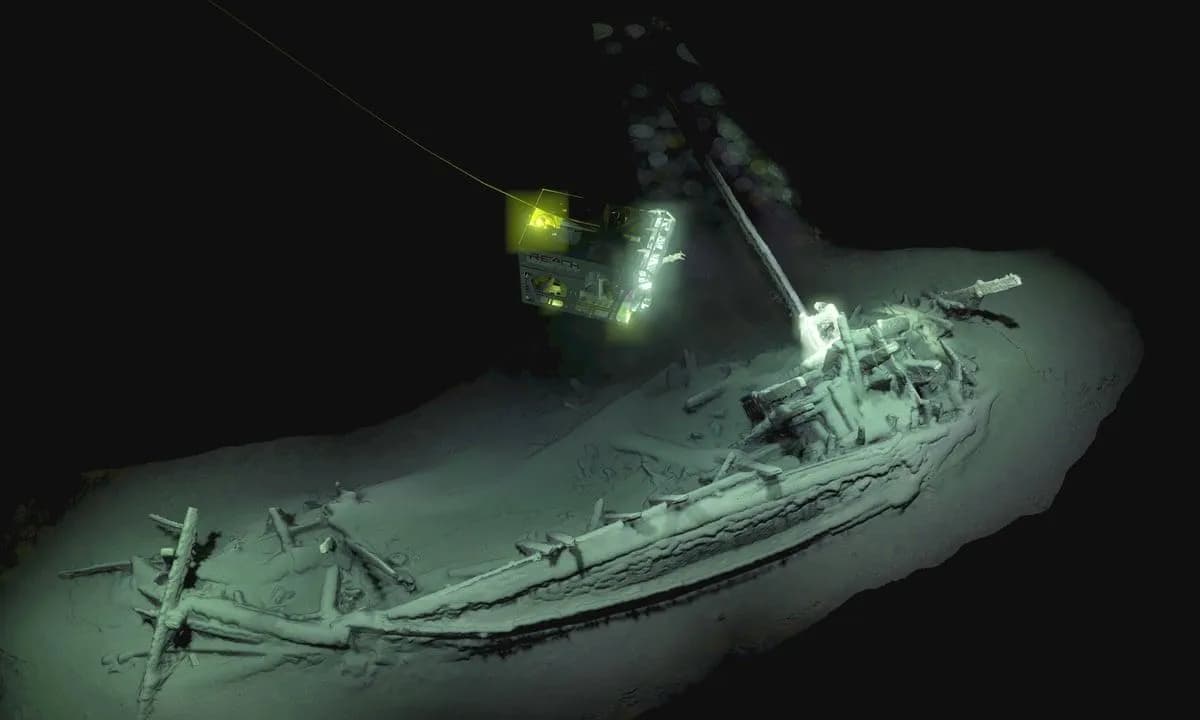 The world’s oldest known intact shipwreck : A 2400 year old ancient Greek merchant ship sitting completely preserved over 2000 meters deep in the Black Sea , where the total lack of oxygen stopped it