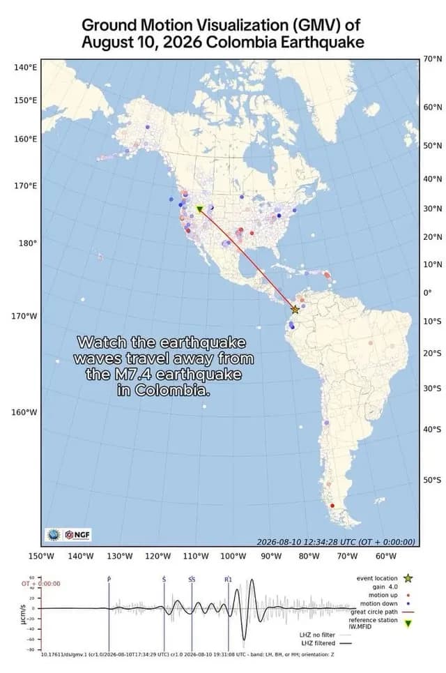 This animation shows the waves from the August 10 magnitude 7.4 earthquake in Colombia ripple across North and South America.