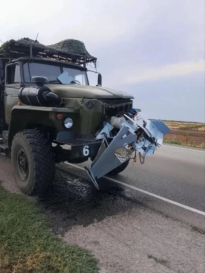 Military truck with kamikaze drone that didn't explode