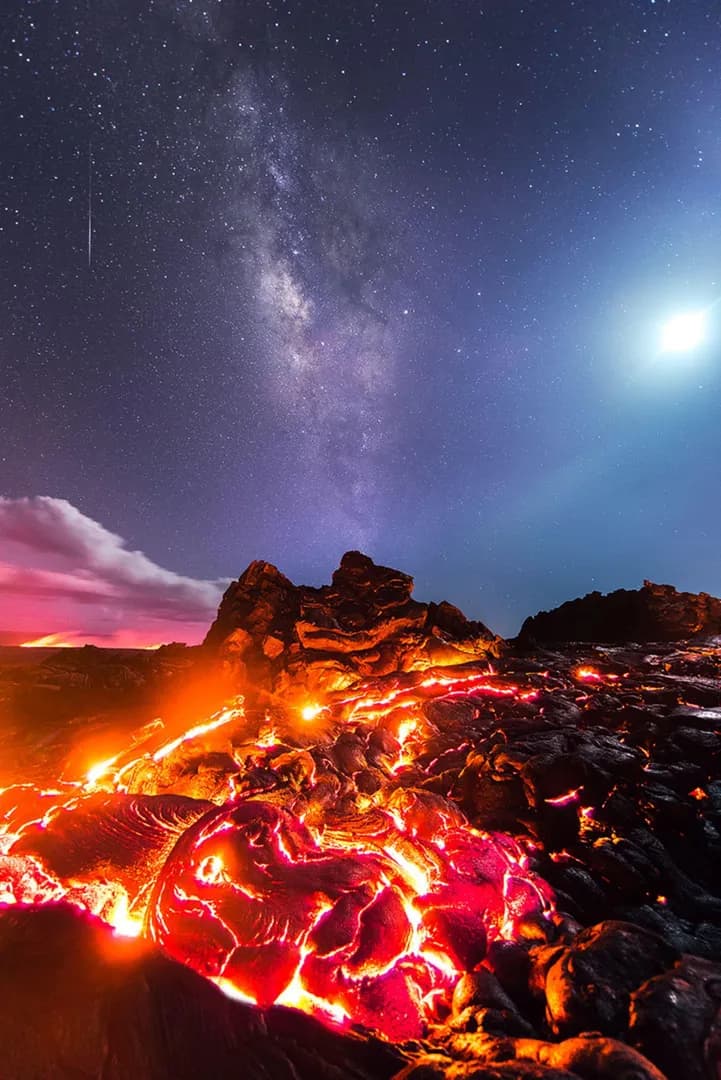 One photograph captured lava, a meteor, the Moon and the Milky Way.
