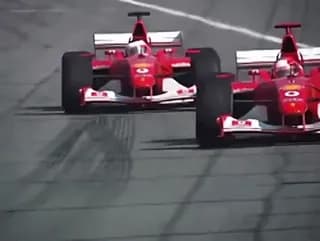 Michael Schumacher and Rubens Barrichello in a legendary race finish. Barrichello won by just 0.011 seconds one of the closest finishes in F1 history.