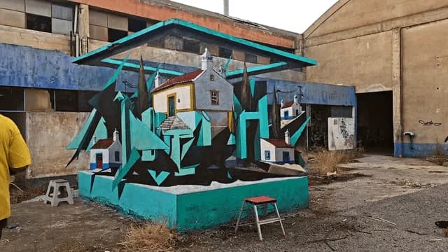 Anamorphic graffiti painted in an abandoned space perfectly aligns to look like a floating house.