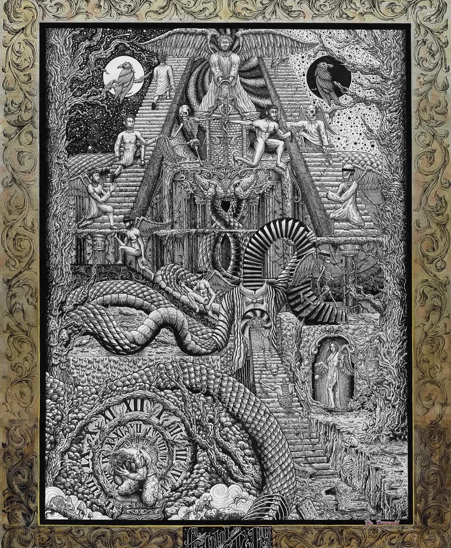 This 4ft x 3ft piece took me 350 hours and tells the story of me leaving the Mormon church, attempting suicide, living in a homeless shelter, and finally finding myself. All through symbolism 🖤