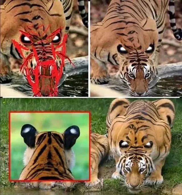The white spots you see behind the tiger's ears. They're called ocelli, and they're part of this predator's silent strategy. When the tiger lowers its head to drink water or rest, the ocelli are expos