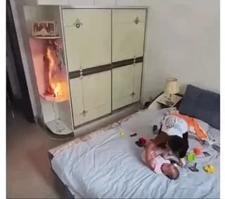 Boy keeps calm and extinguishes the fire