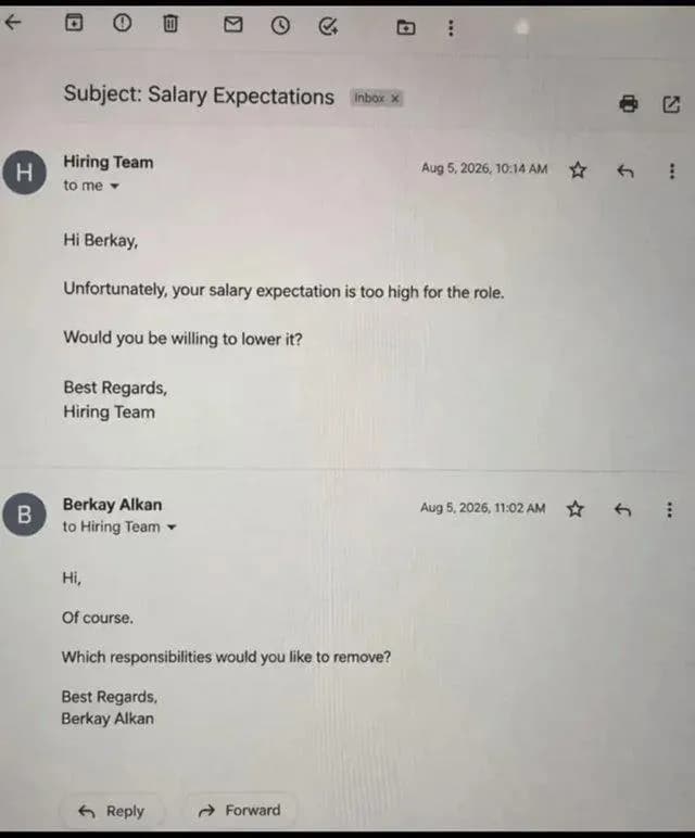 Hiring team: 'Lower your salary expectations?' Berkay: chooses violence.
