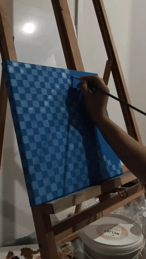 This painting of a duckling on a blue wavy background