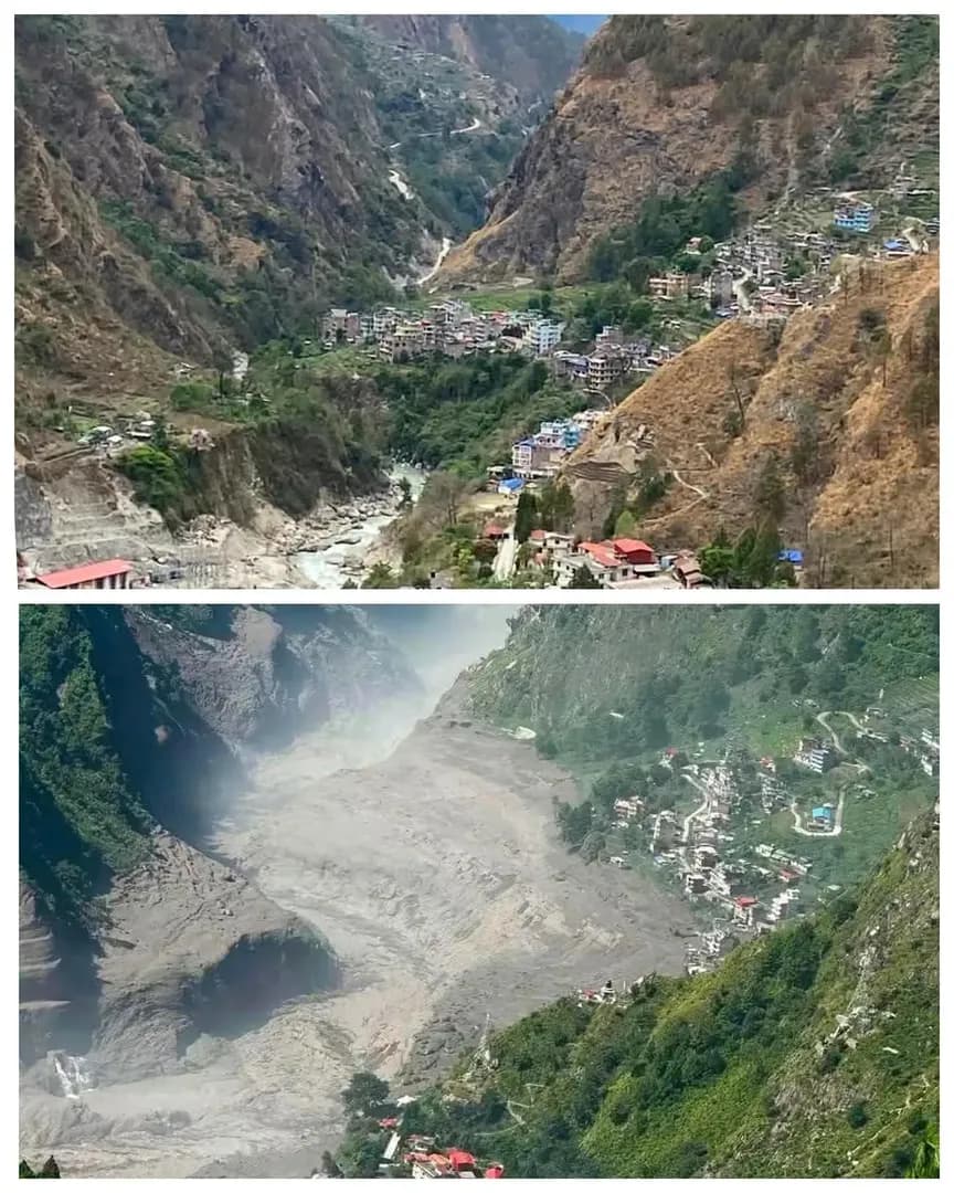 Before and after of Syapru beshi, one of the affected areas of today's flash flooding in Nepal.