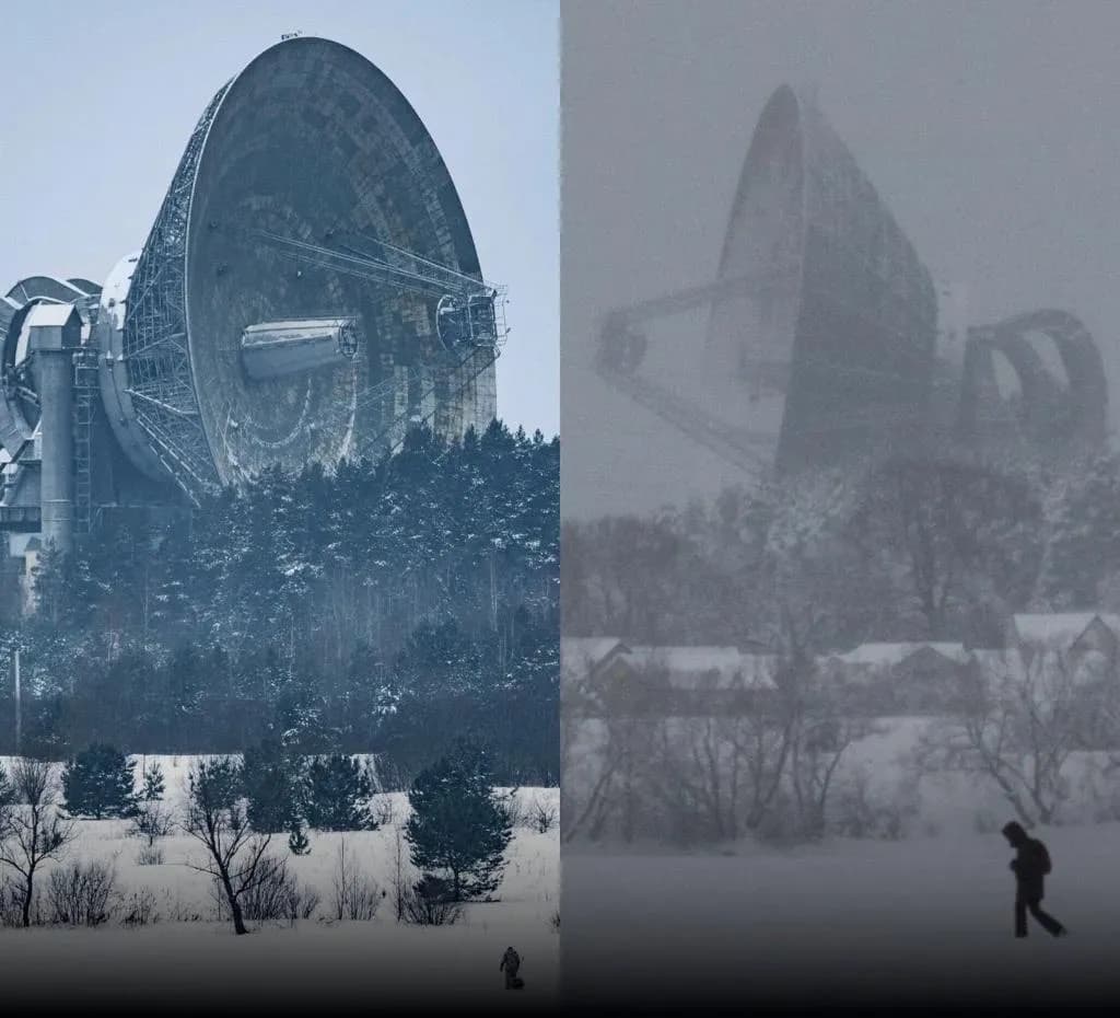 The Kalyazin RT-64, a Cold War-era 64m Soviet telescope buried in a Russian forest, is still active and tracking deep space signals today