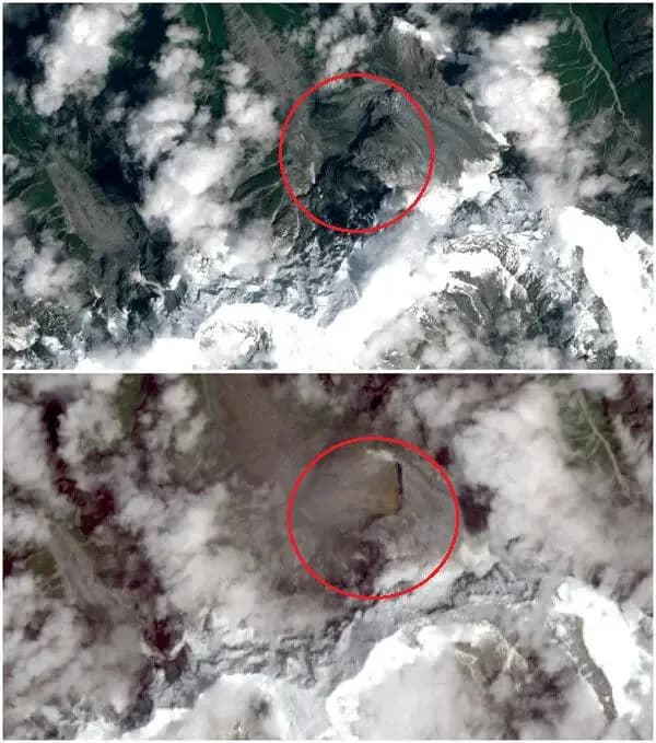 Before and after pictures of the Glacier in the Himalayas that caused the Catastrophic flash flood.