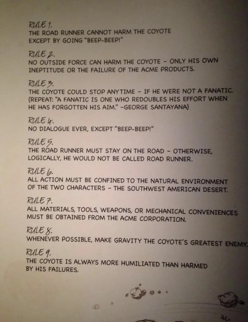 Chuck Jones' rules for Wile E. Coyote and the Road Runner.