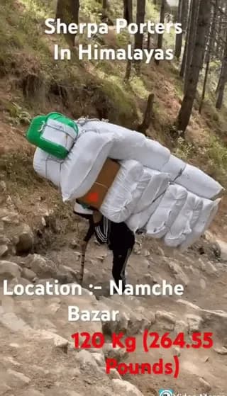 Sherpa Porters Carrying Massive Loads Uphill on Everest Over an Uneven Track