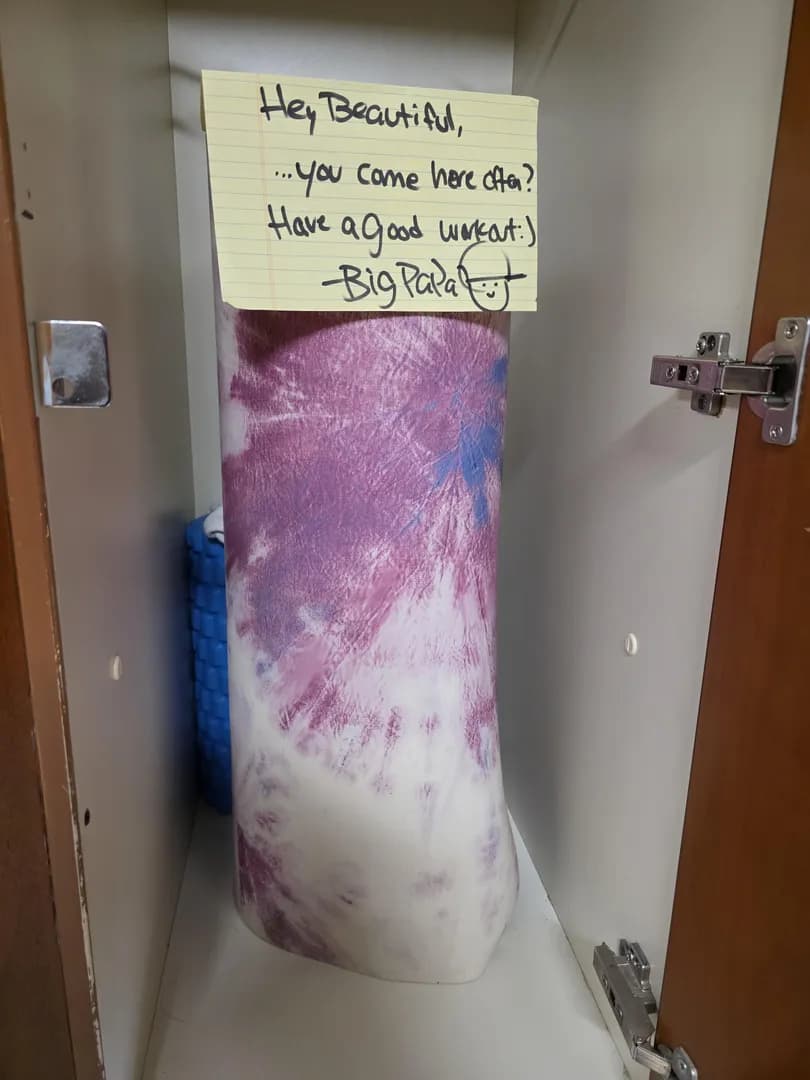 I left my yoga mat in my locker after class yesterday morning and asked my husband to get it during his workout last night. He said the lock combo I gave him didn't work. UGH What a freaking liar 🥰