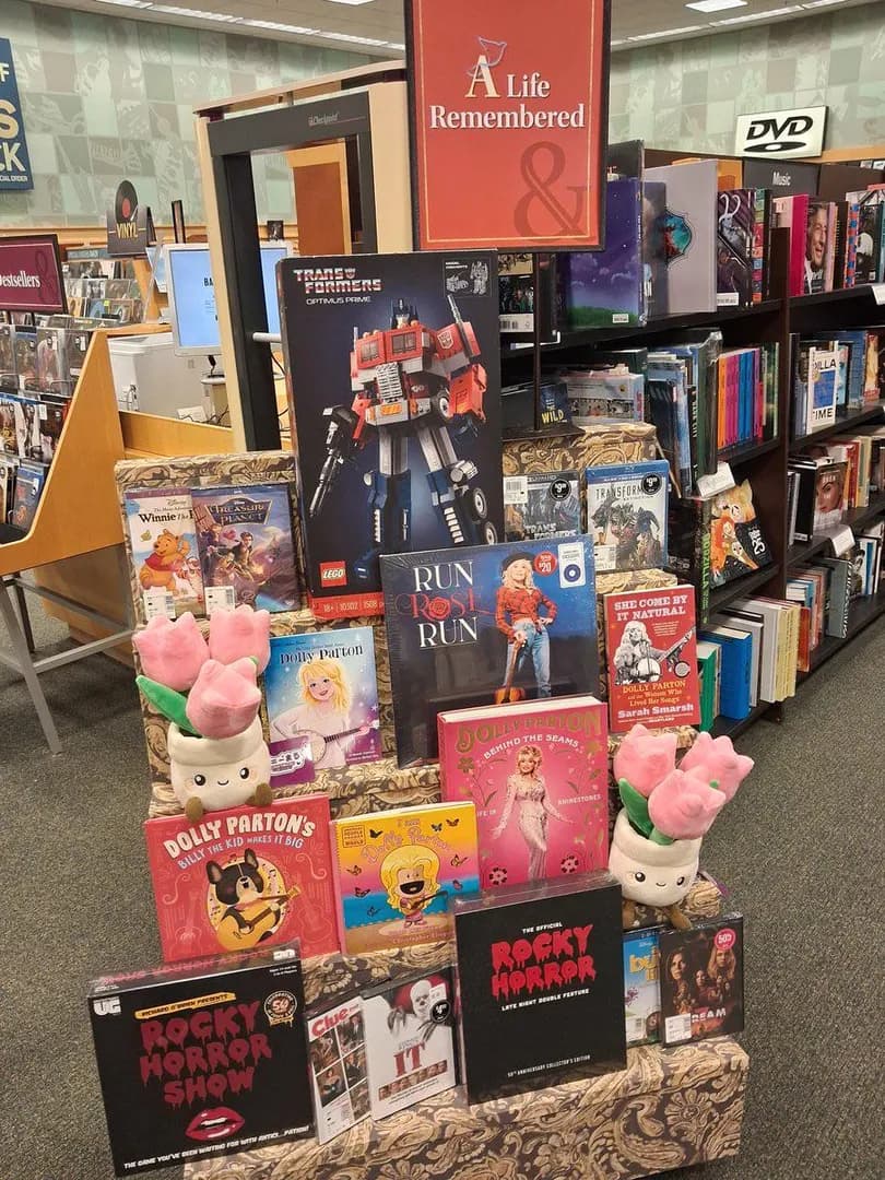 The local Barnes and Noble honors the late Dolly Parton, Tim Curry, and Peter Cullen
