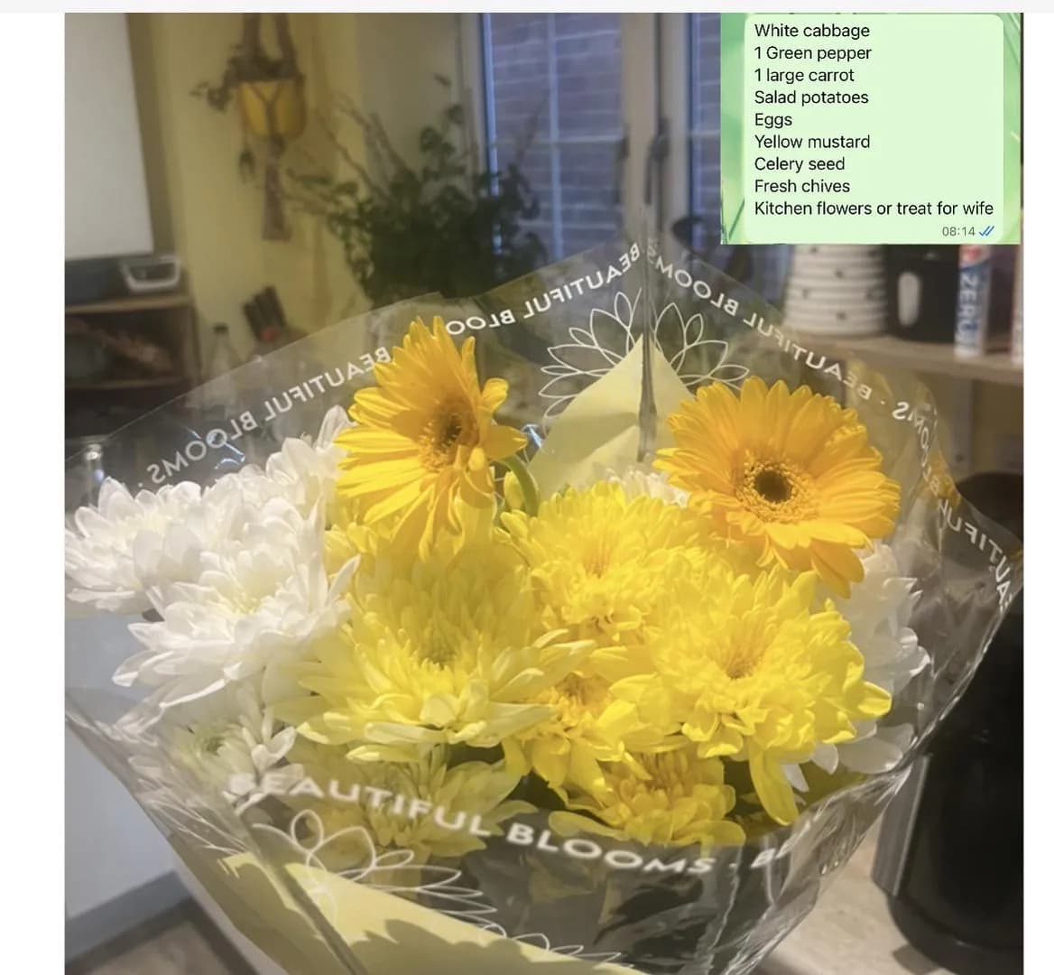 Jokingly put “kitchen flowers” on the grocery list I texted Husband, and he got me yellow ones to match our kitchen.