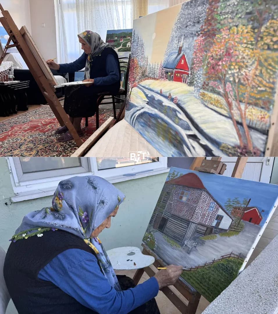 In Zonguldak Turkey, 81-year-old grandma became a painter after being inspired by Bob Ross, whom she watched on television. — She has been painting nature and landscapes for 22 years.