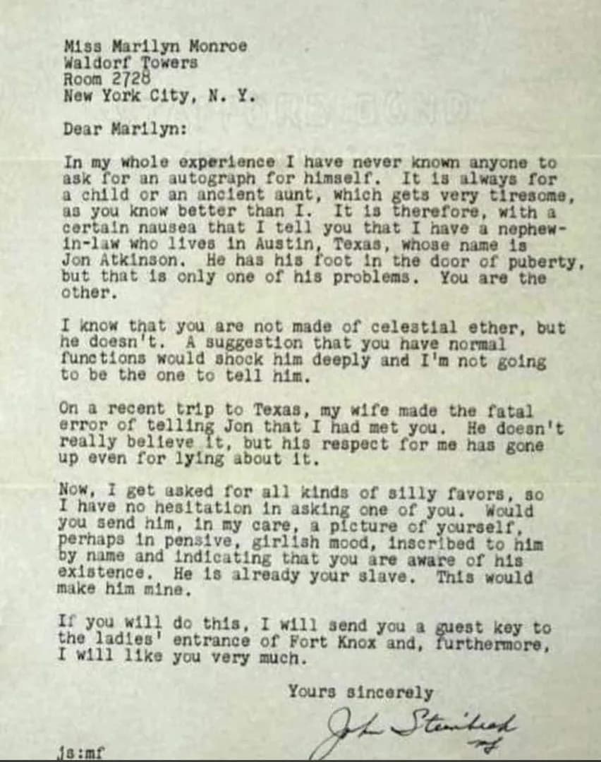 John Steinbeck cheekily asks Marilyn Monroe for a favor (1955)