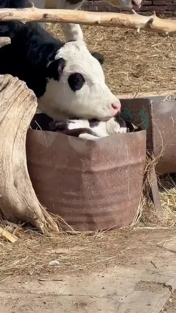 Cow thinks the barn cat is baby cow