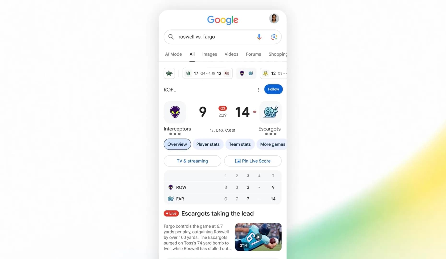 Google search embraces live NFL football