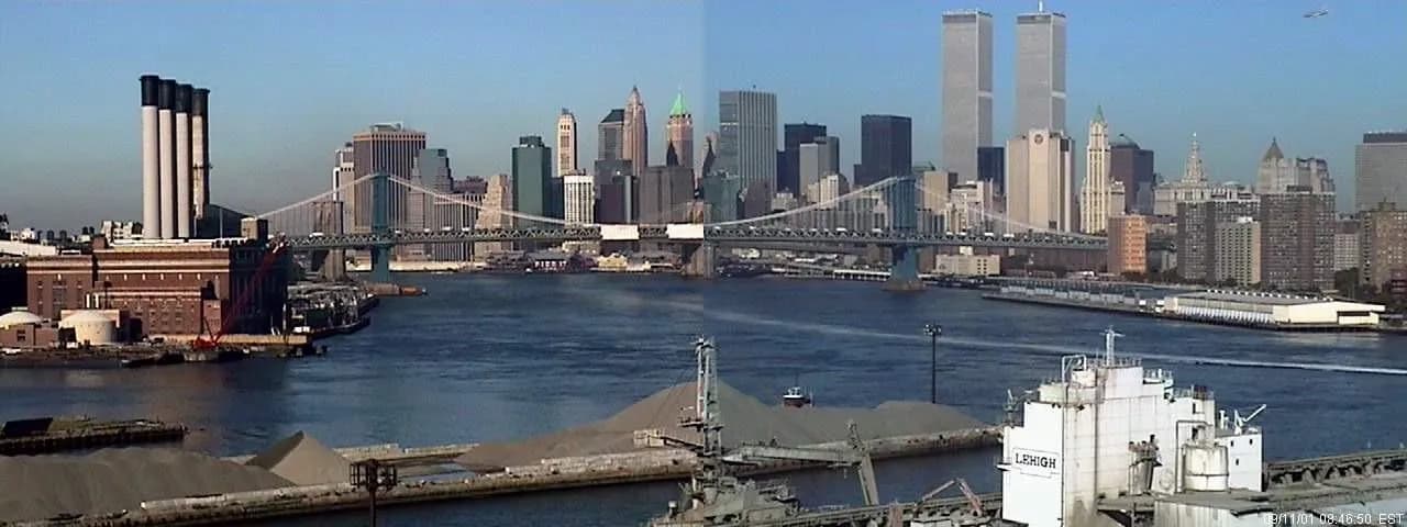 The last photograph of the World Trade Center before the 9/11 attacks, taken by Wolfgang Staehle seconds before the first plane hit