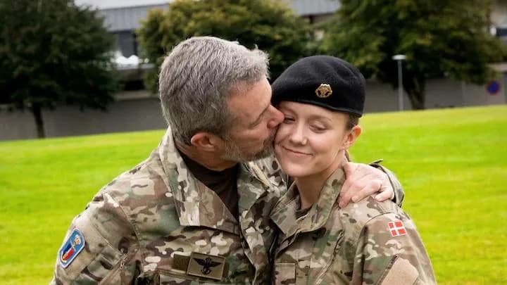 The Danish King kissing his daughter as she enlists in the danish army