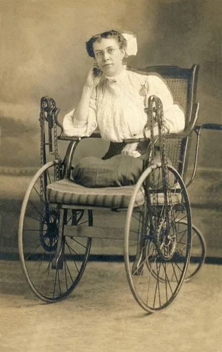 Victorian wheelchair made so the user could move on their own with hand cranked system, circa 1880s.