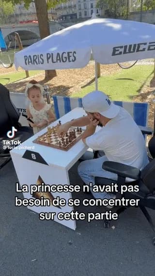 Seven-year-old chess prodigy Lucie Pichard casually checkmates her opponent.