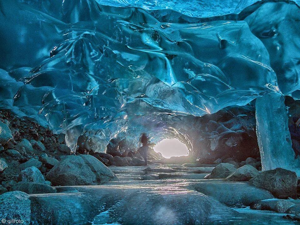 Inside Mendenhall Glacier, there are enormous blue ice caves