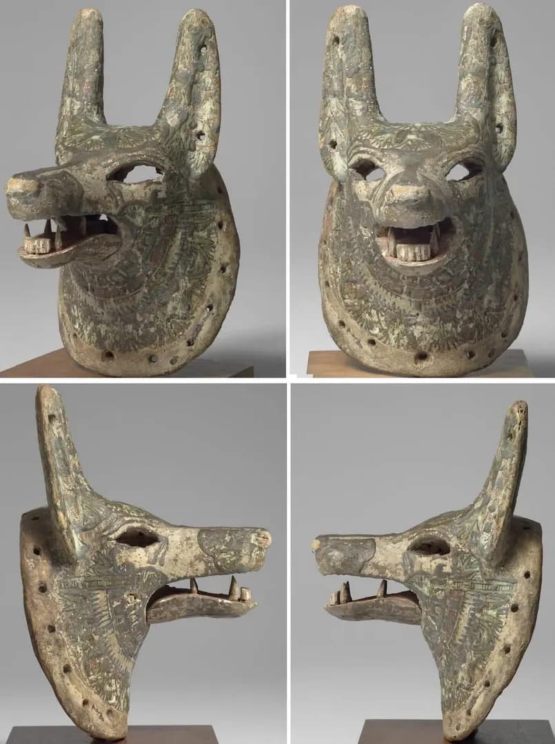Mask of Anubis New Kingdom, 19th Dynasty, c. 1292-1189 B.C. Now in the Louvre. This mask of Anubis was likely worn by a priest, who was responsible for the embalming, during the process of mummificati