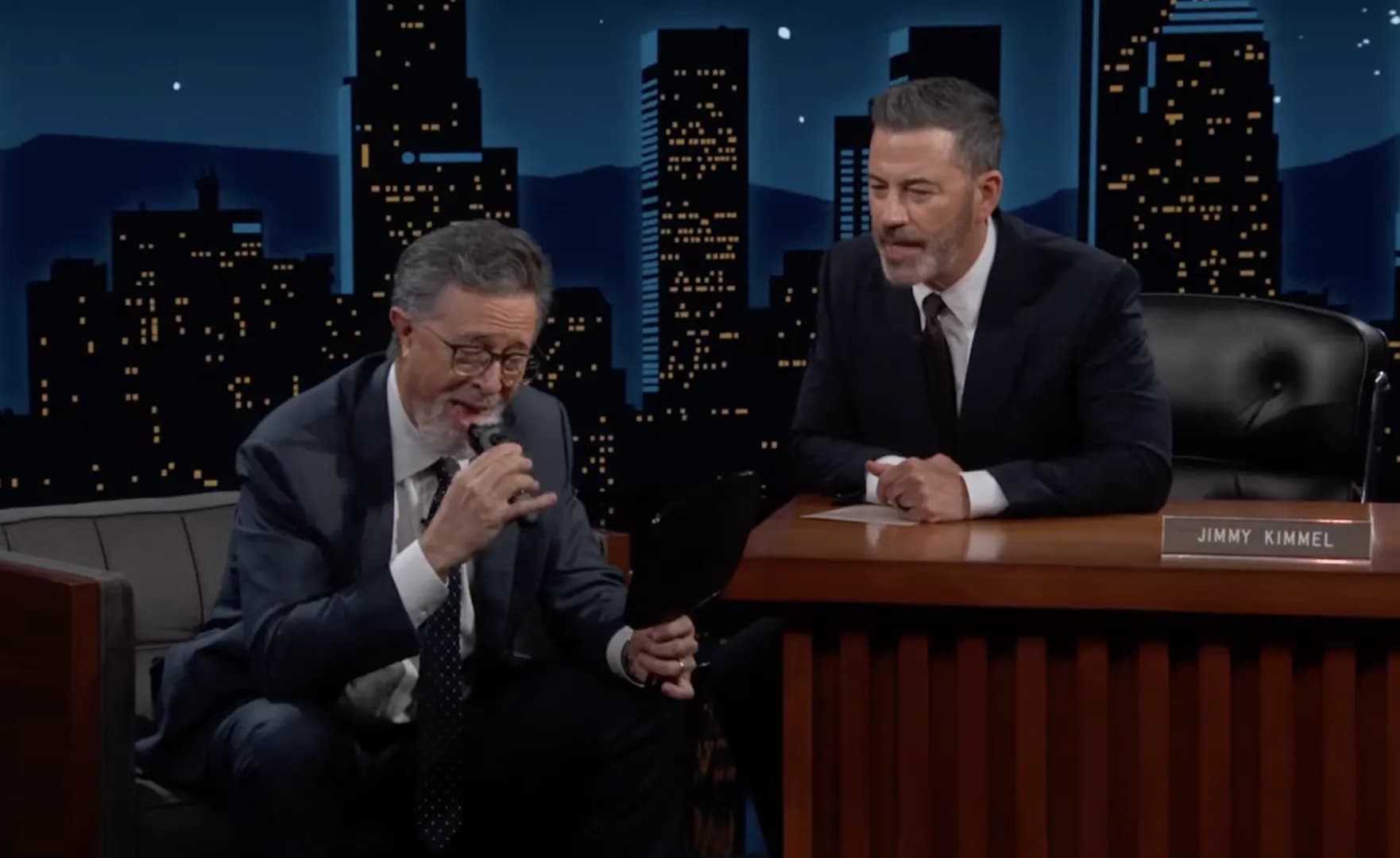Jimmy Kimmel makes Stephen Colbert shave his beard during late night return