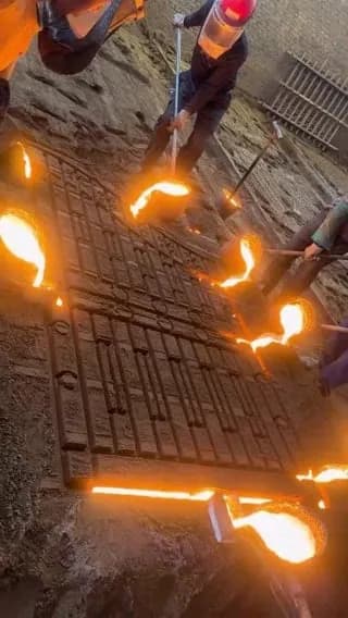 Simultaneously dropping molten iron to make iron gate. tuff