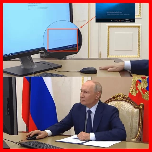 Putin’s computer is running an unlicensed copy of Windows، the “Activate Windows” watermark is clearly visible.