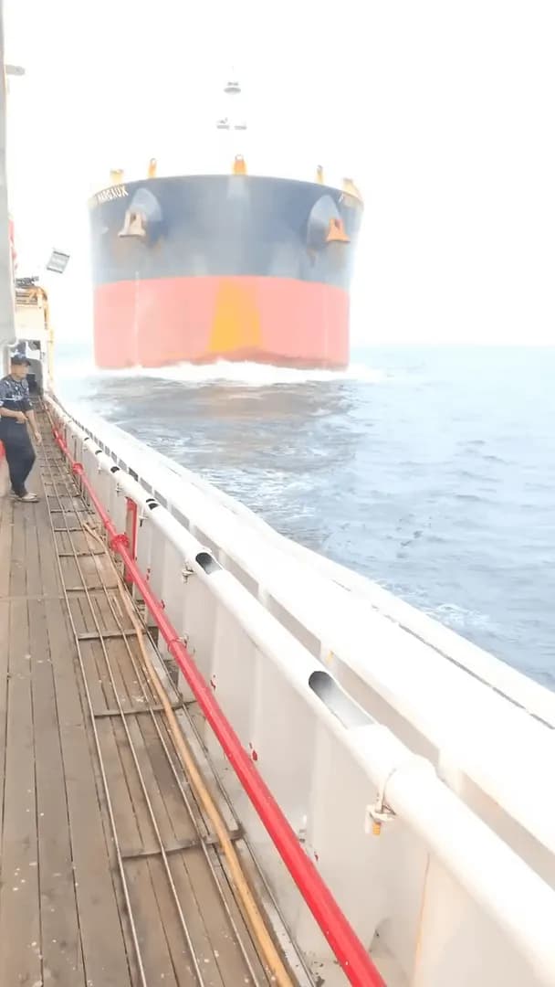 Crew members film the moment the Panama-flagged bulk carrier First Margaux collides with the Chinese fishing vessel Luqing Yuanyu 108 near Singapore.