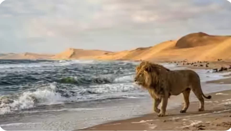 In 2017 in Namibia a pride of 15 lions departed their desert territory. The pride moved to Atlantic Ocean beaches where they now hunt seals and flamingoes. These 15 lions are the only marine lions fou
