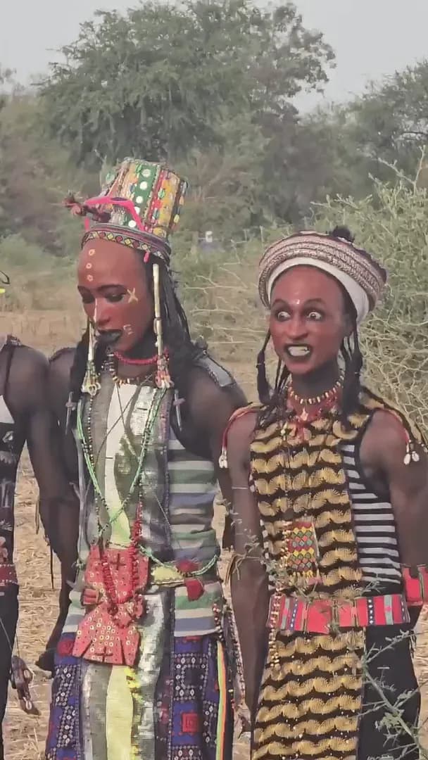 Wodaabe men from Africa's Sahel region performing the traditional Gerewol courtship dance
