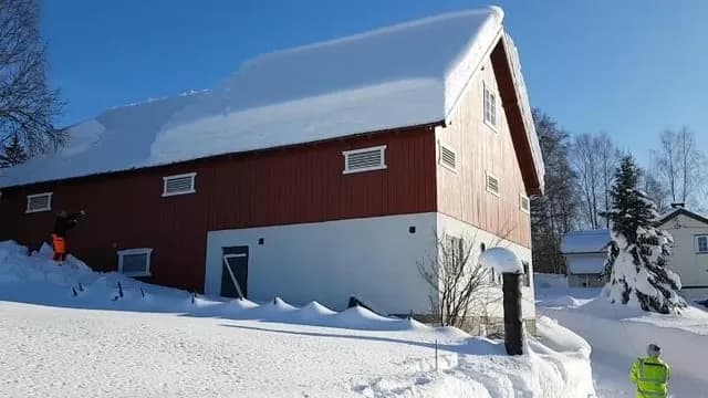 Removing snow from a barn roof with a rope in Norway