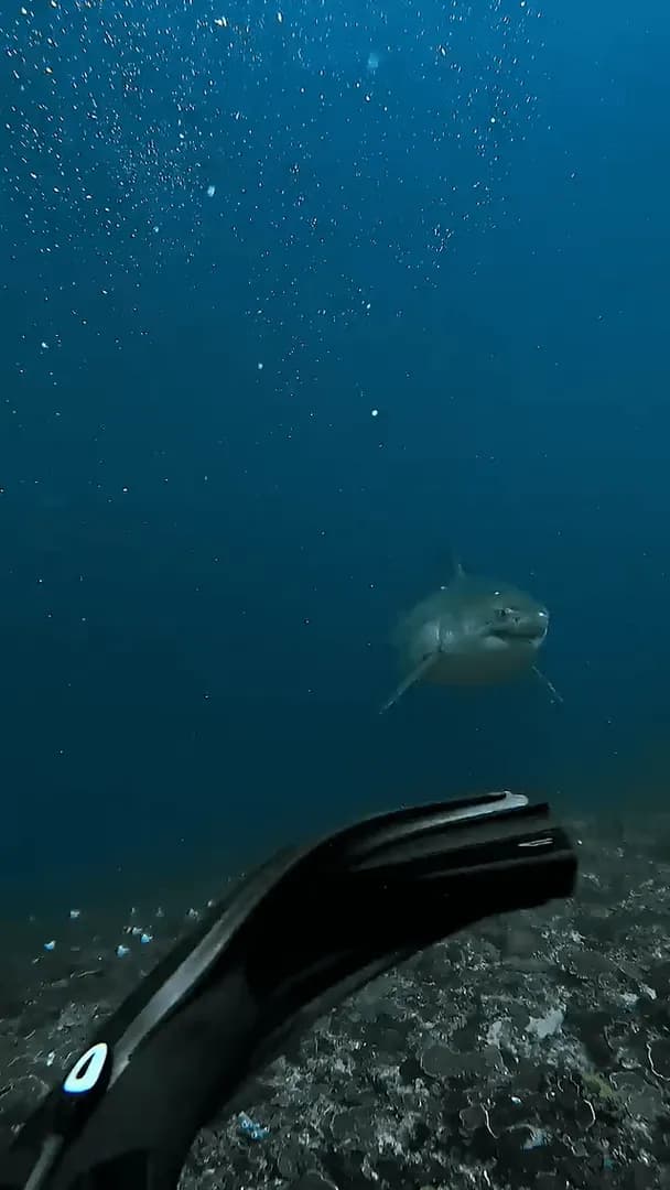 Diver gets a nice shot of a great white shark with heavy scars