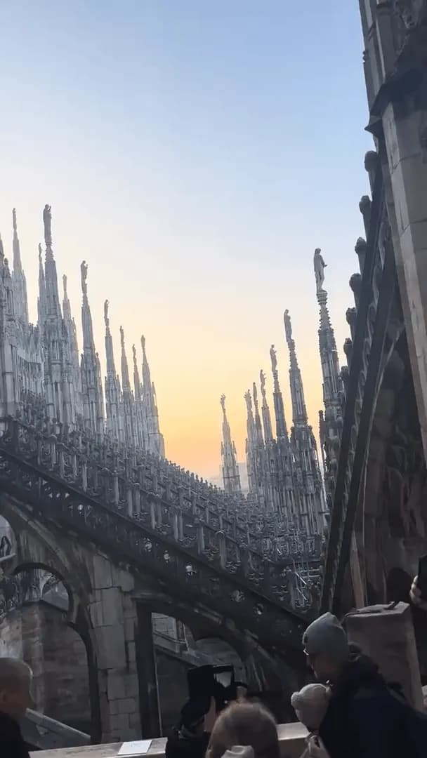 This is the rooftop spires and flying buttresses of the Duomo di Milano (Milan Cathedral), located in Milan, Italy. It features 3,400 statues, 135 spires, and 96 gargoyles, making it the most decorate