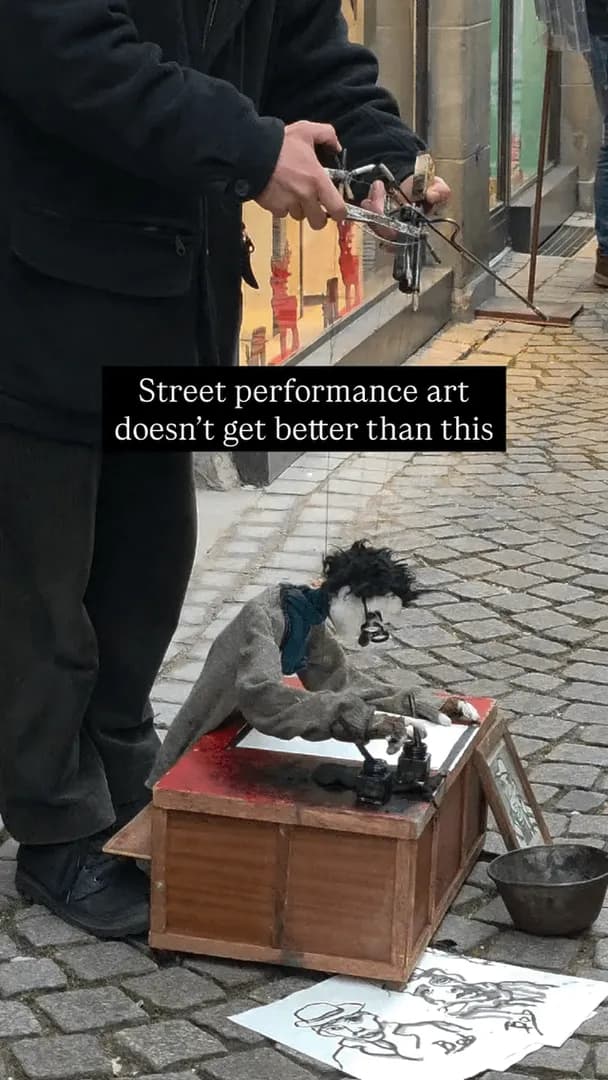 Raphaël Gromy, a French puppeteer and street artist blends puppetry, live performance and visual art. His puppet paints real artworks on canvases.