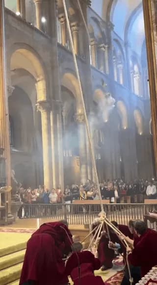 Within the Cathedral of Santiago de Compostela, the giant incense burner swings. It weighs 80kg (176lbs) and reaches speeds up to 70km/h (44mph) over the visitors and pilgrims