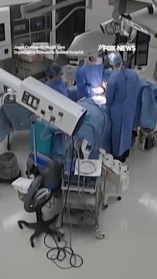 Surgeons cling to a patient on the operating table mid-surgery as a powerful 7.1 magnitude earthquake violently shakes a Japanese hospital.